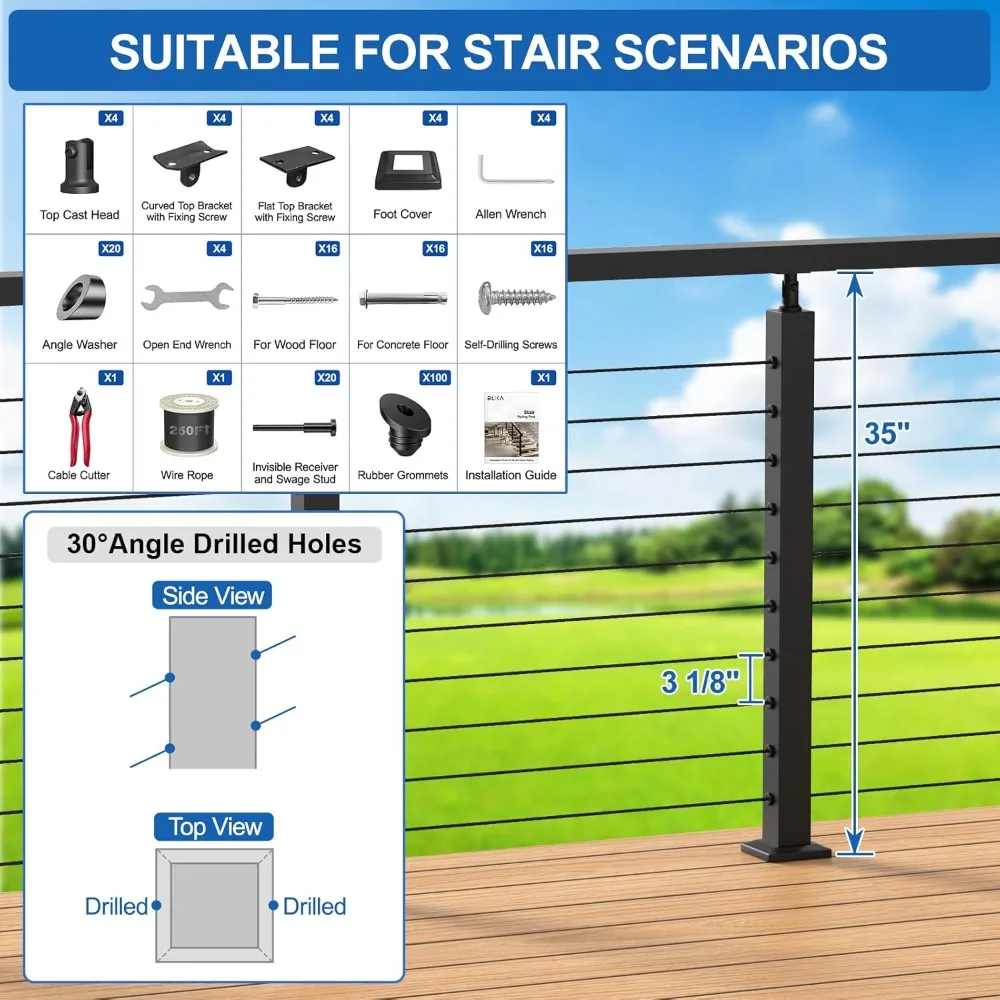 

Комплект из 4 комплектов регулируемых лестничных кабелей из нержавеющей стали длиной 35 дюймов, 25–35 ° Угол, использование внутренней/наружной террасы