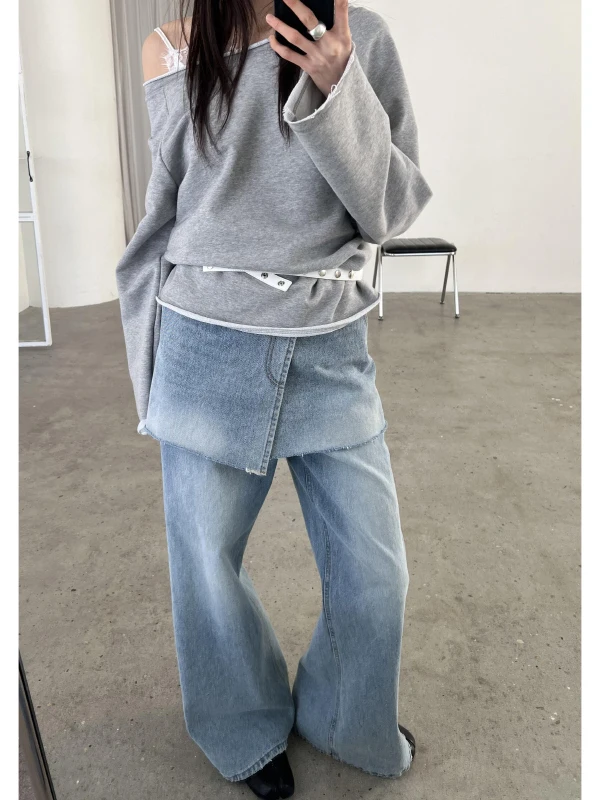 

American Style Retro Blue Denim Pleated Skirt Pants Women's Fake Two-Piece Spring Summer New Splicing Straight Tube Layered S...