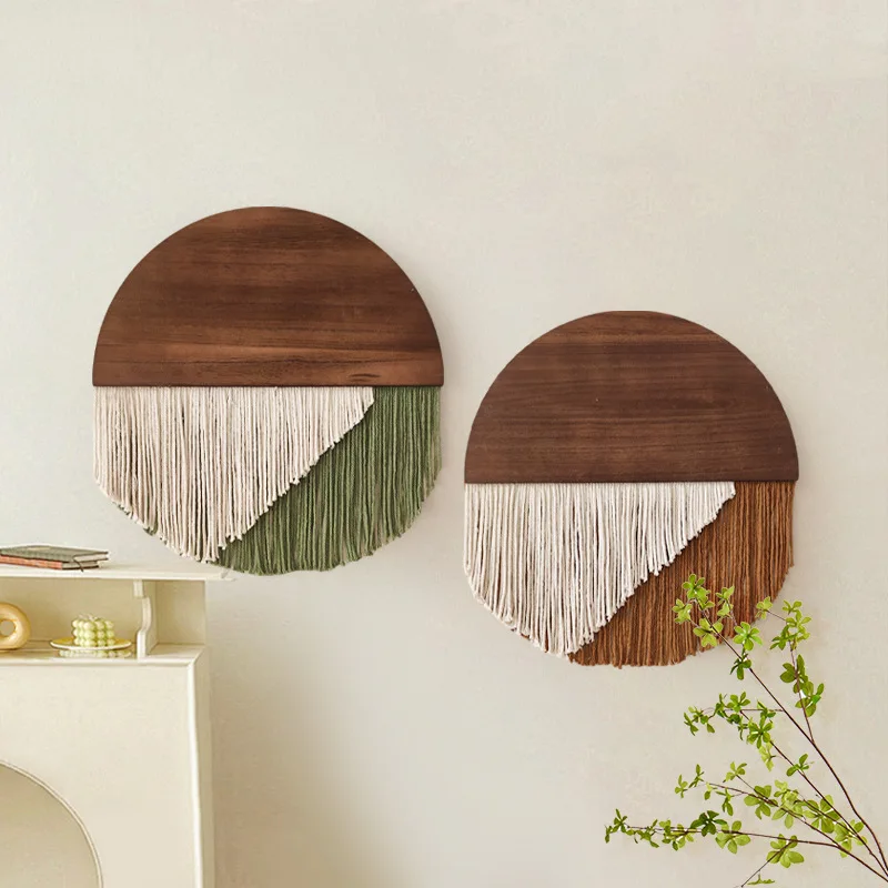 Bohemian Semi-Circular Handwoven Cotton Tassel Wall Hanging Decor for Motel/Homestay Boho Wooden Board Home Decor