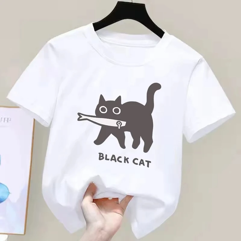 Fun A Black Cat Eating Fish Japanese Style Kids T-Shirt Fashion Print T Shirt Breathable T-Shirts Cotton Clothes Tops