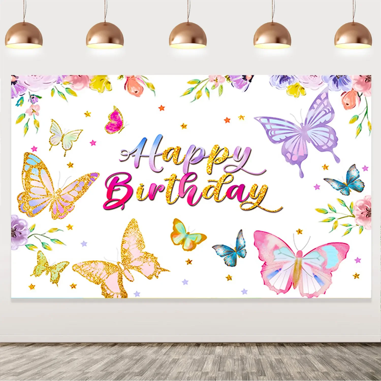 Cheereveal Dancing Butterfly Theme Backdrop Happy Birthday Background Cloth with Flower Girl Birthday Party Decoration Supplies