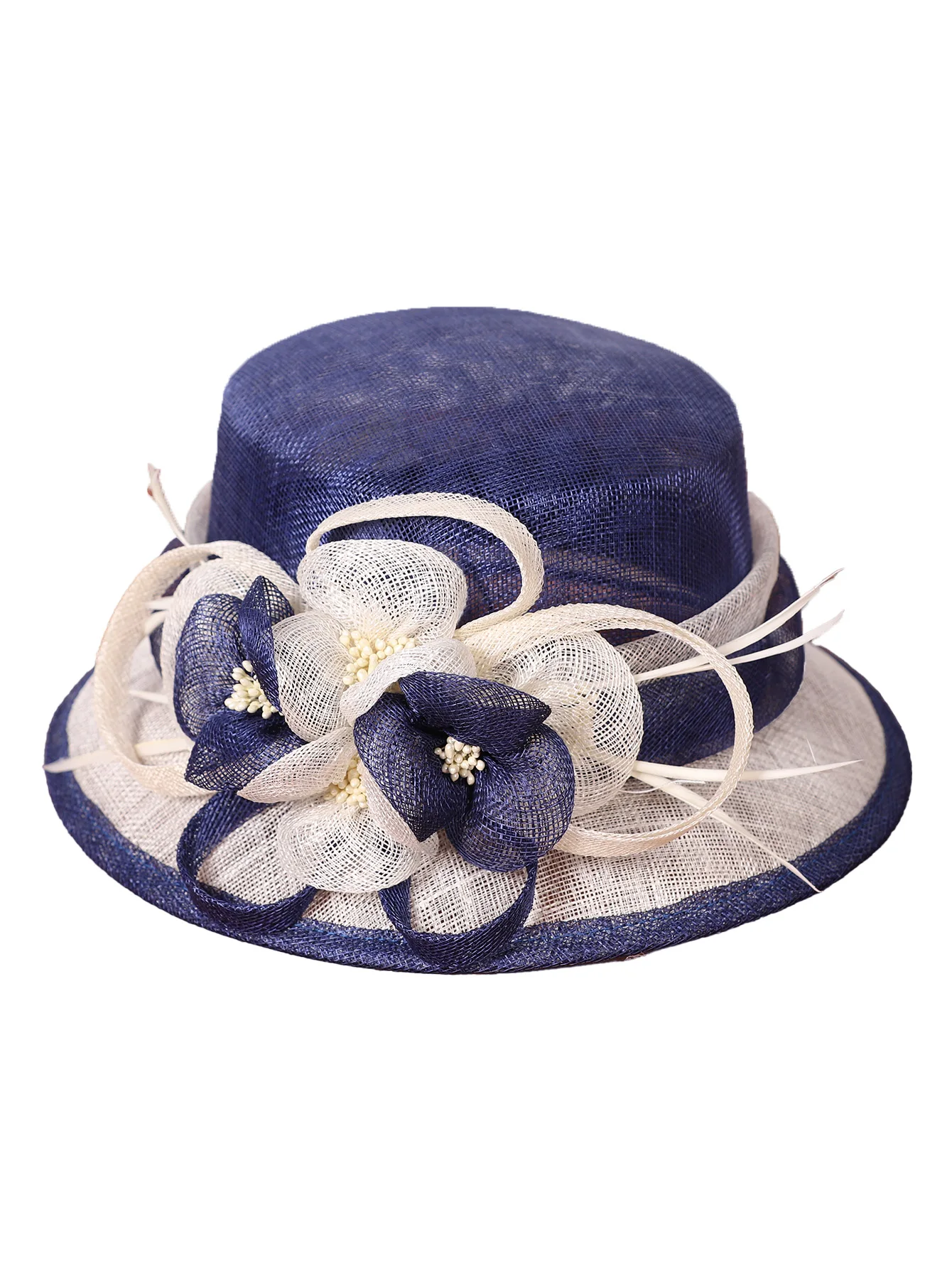 FS Brytyjski niebieski biały kapelusz ślubny Sinamay dla kobiet Kapelusz kościelny Elegancki kwiat z szerokim rondem Fedoras Kentucky Derby Party Hat — zdjęcie 5