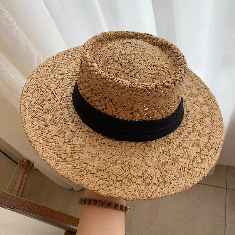 elegant-hollow-out-straw-hat-women's-summer-beach-sun-protection-hat-flat-top-grass-hat-ocean-side-casual-travel-hat