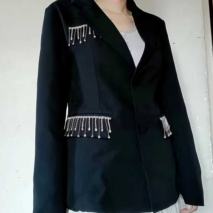 Spring Autumn Medium-long Diamonds-studded Woman Suits Beaded Tassels Blazers Coat OL Crystal Cardigan Rhinestone Fringed Jacket