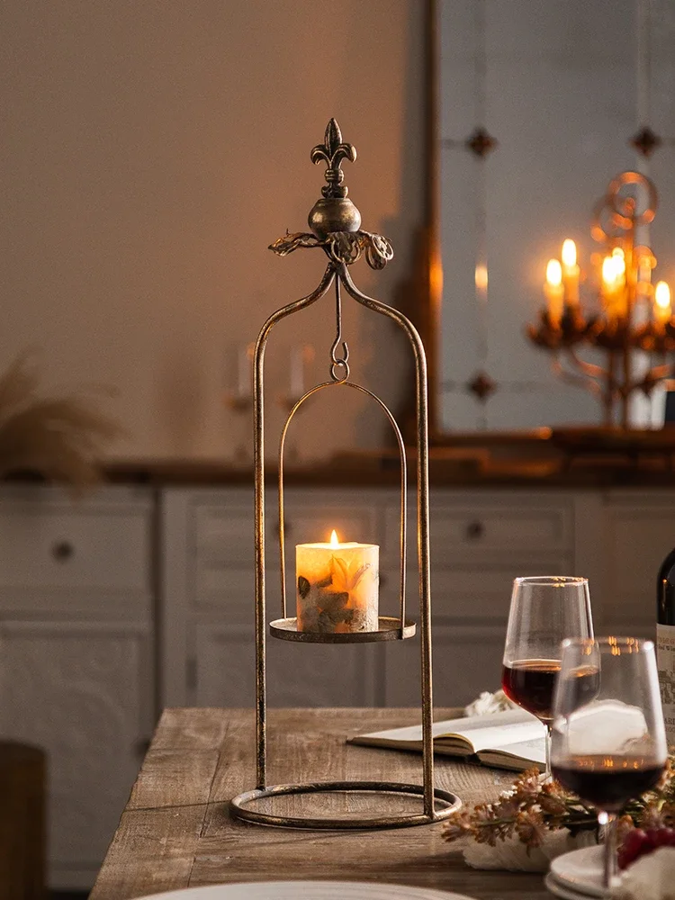 Antique Aged Gold Iron Tabletop Candle Holder with Stand, Hanging Lantern, Decorative Centerpiece for Home Decor