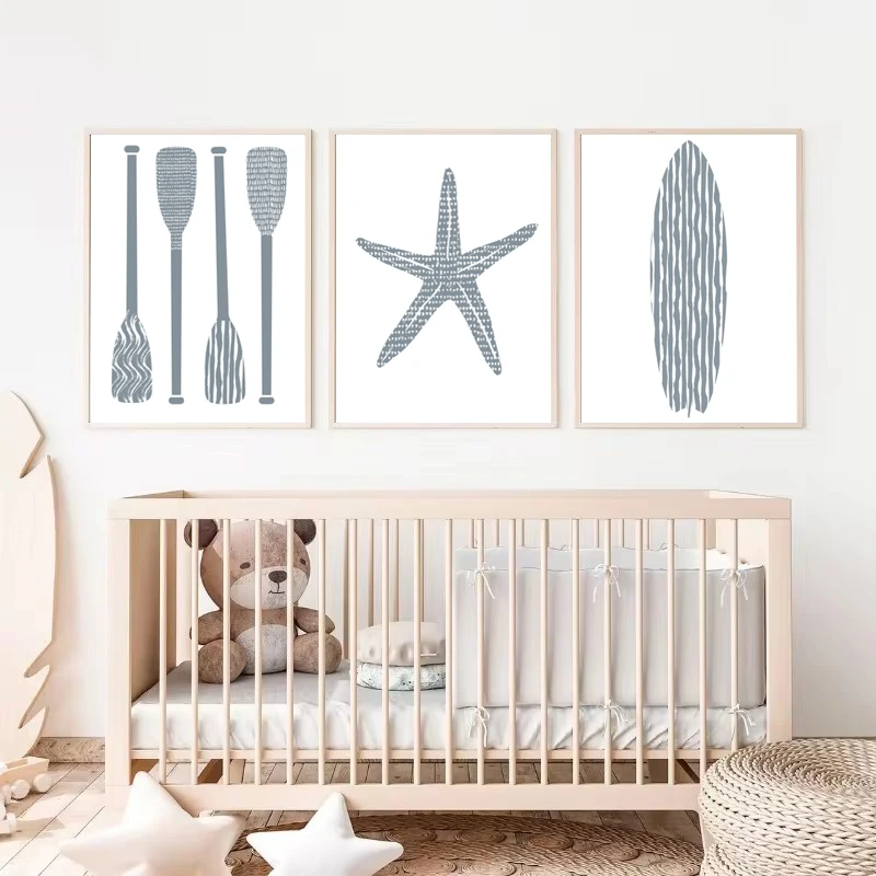 Blue Watercolor Surfboard Starfish Beach Coastal Nautical Poster Canvas Painting Wall Art Pictures Lake house Home Decor Gift