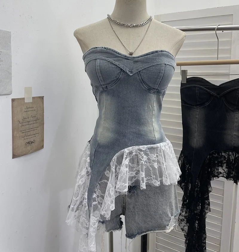 With Chest Pad Irregular Streamer Lace Splicing Denim Vest Sleeveless Strapless Top Women