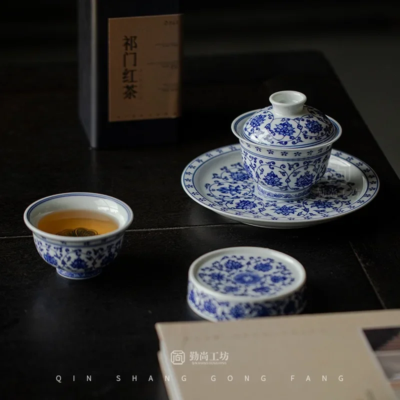 Antique Blue and White Twisted Lotus Ercai Cover Bowl Retro Ceramic Kung Fu TeaSet Pot Bearing Master Cup Teacup Large Cover