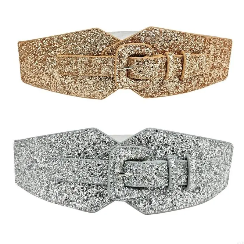 M6CD سلسلة الخصر واسعة المتضخم التألق أبازيم حزام بولي PU للنساء الحفلات الراقصة المرحلة والنوادي ملابس غير رسمية مجوهرات متقنة