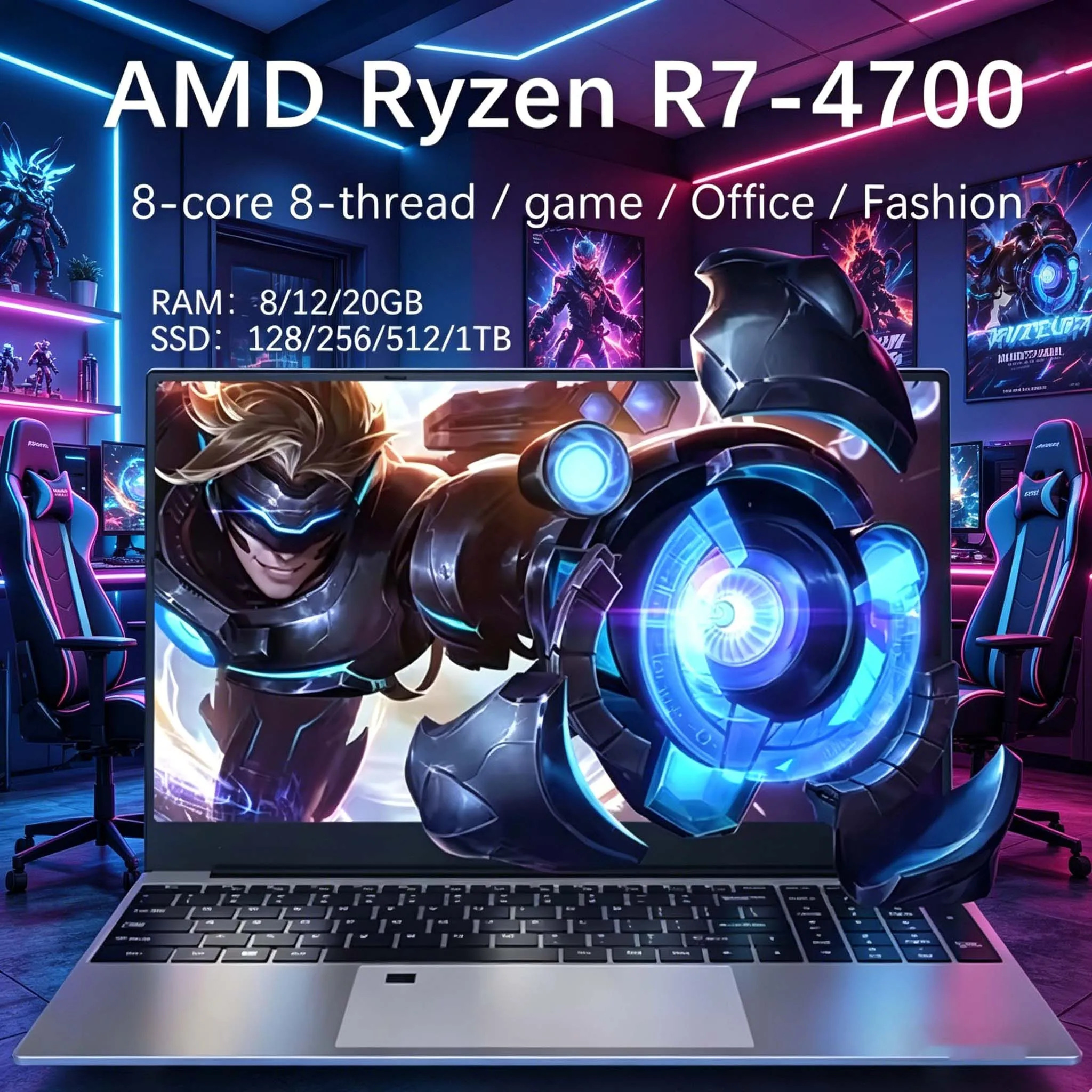 2025new 15.6-inch Metal Laptop Backlit AMD R7-4700 Lightweight Portable Business Office Design Computer 20GB Ram 256G 1TB SSD