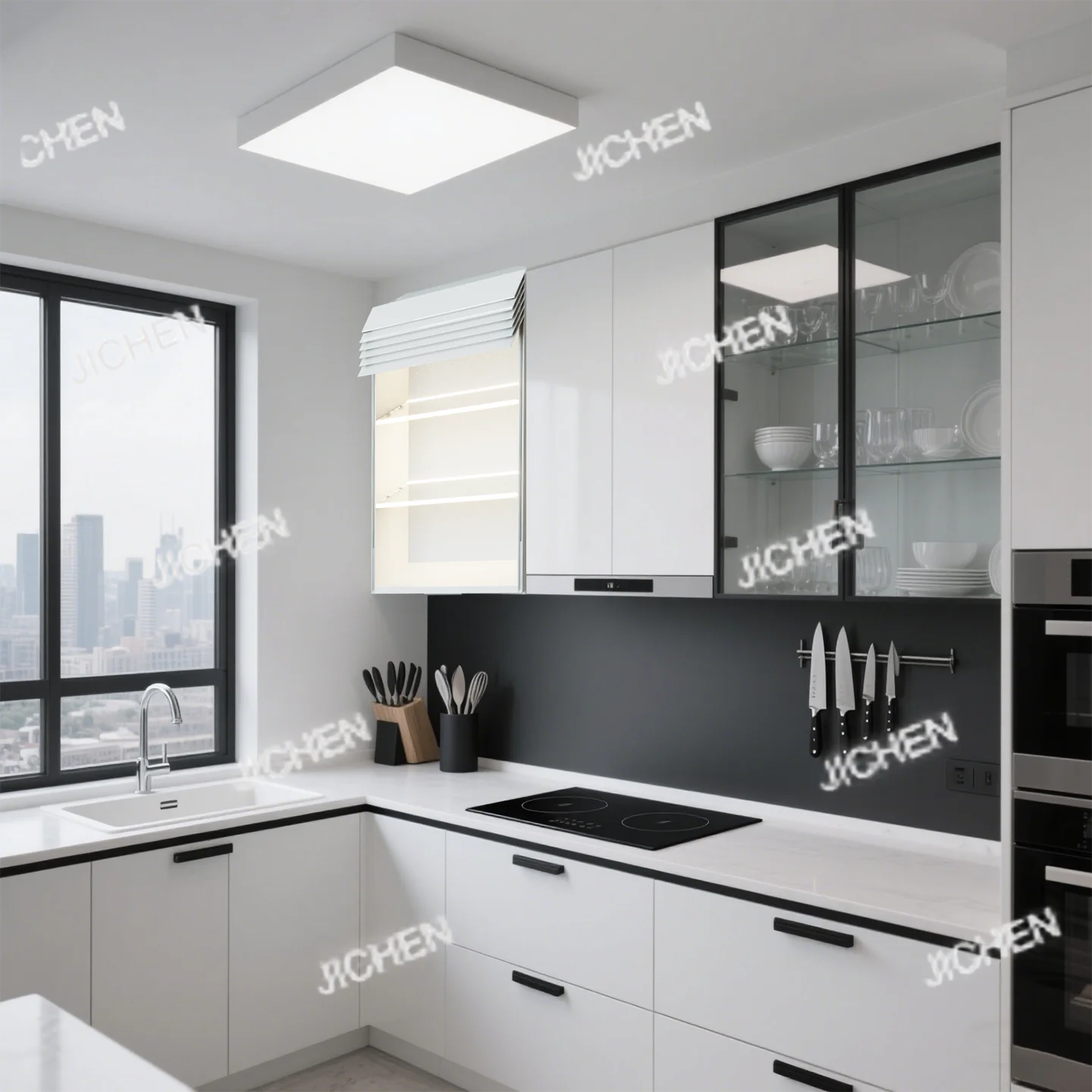 

Smart Electric Future Window Blinds Glass Door Cabinets Kitchen Wall-mounted Shelves Touch Lifting Cabinets