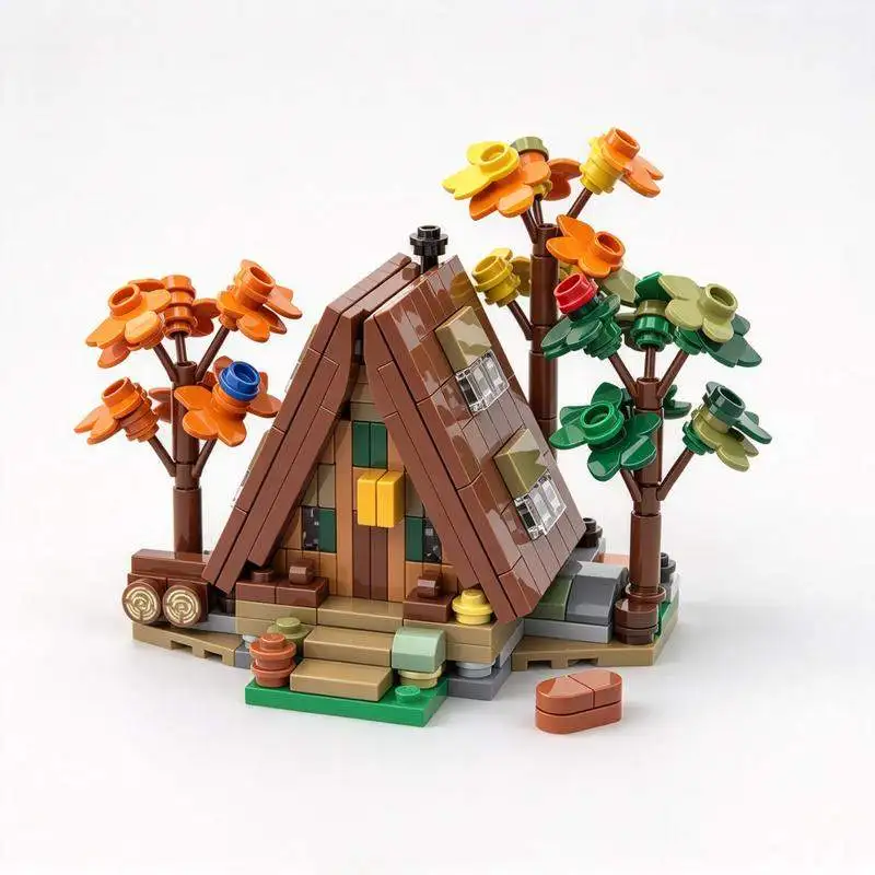 321PCS Mini A Frame Wooden Cabin Forest Hut Autumn Tree Scene Building Blocks Model DIY Assembly Creative Home Decor Gift