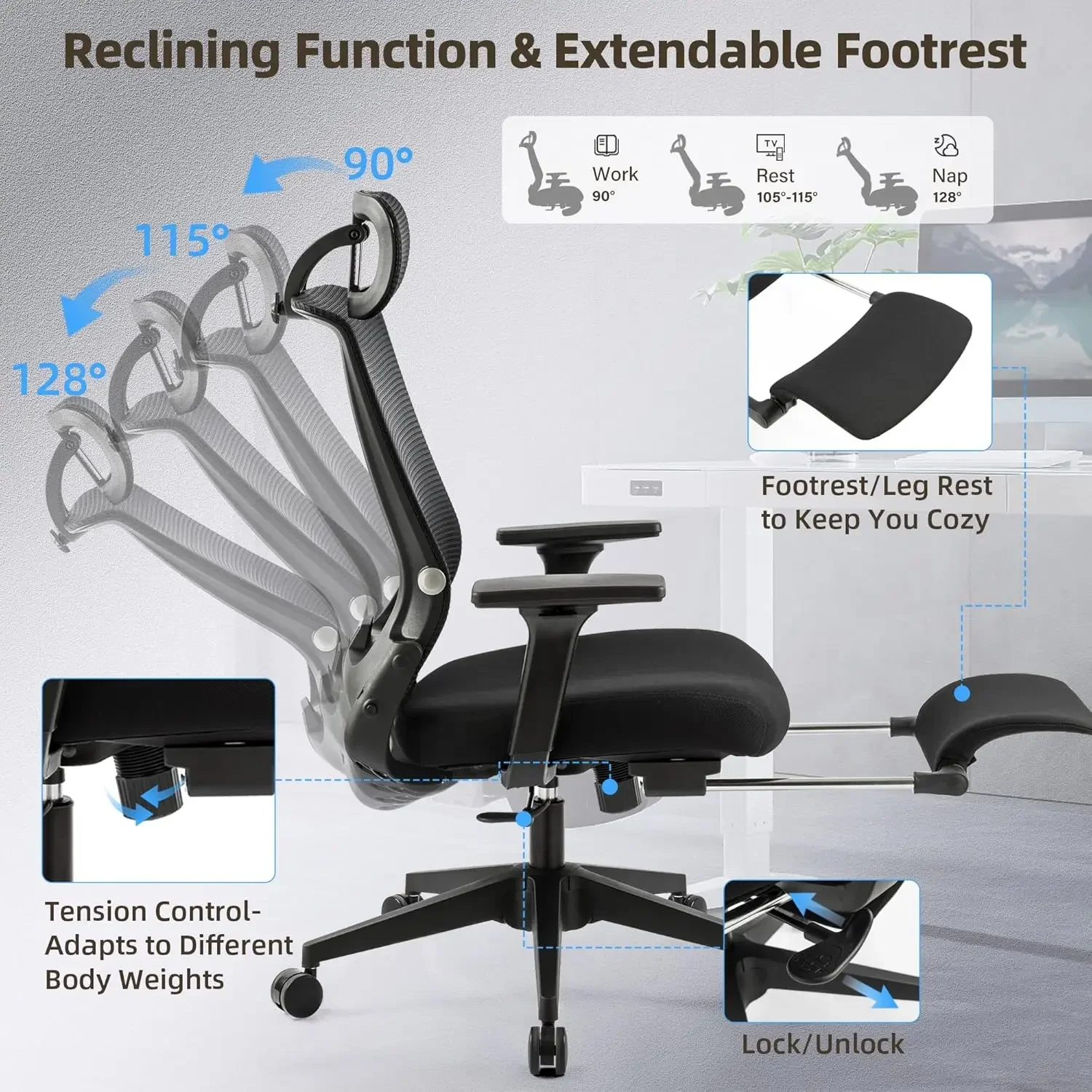[¡Alta calidad, oferta caliente! ]Silla de oficina plegable con reposapiés, silla de oficina ergonómica con soporte lumbar ajustable, reposacabezas,