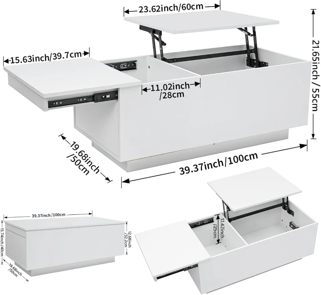 LED Mesa De Café Com Elevador Superior, Mesas De Café Com Tomada De Energia, Branco, Armazenamento Escondido Compartimento, Alto Brilho Elevador, Mesa