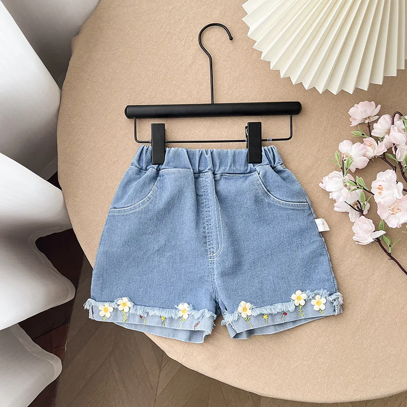 1-6Y Korean Style Kid\'s Shorts Summer Brief Jeans Girls Flower Embroidery Denim Loose Girl\'s Shorts