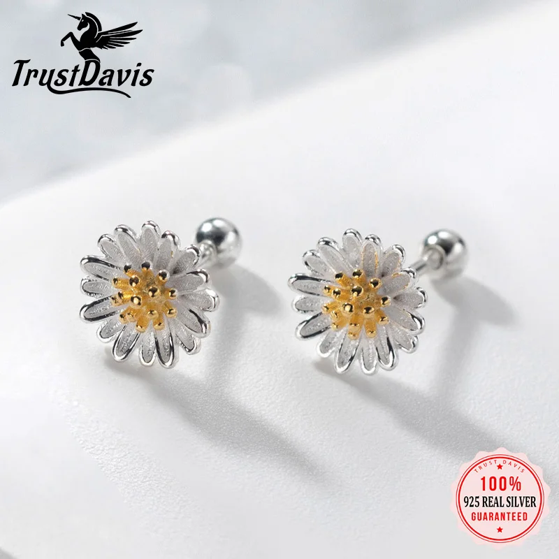 TrustDavis Authentic 925 Sterling Silver Small Flower Daisy Stud Earrings for Women Girls Kids Birthday Gift  Jewelry DS3574