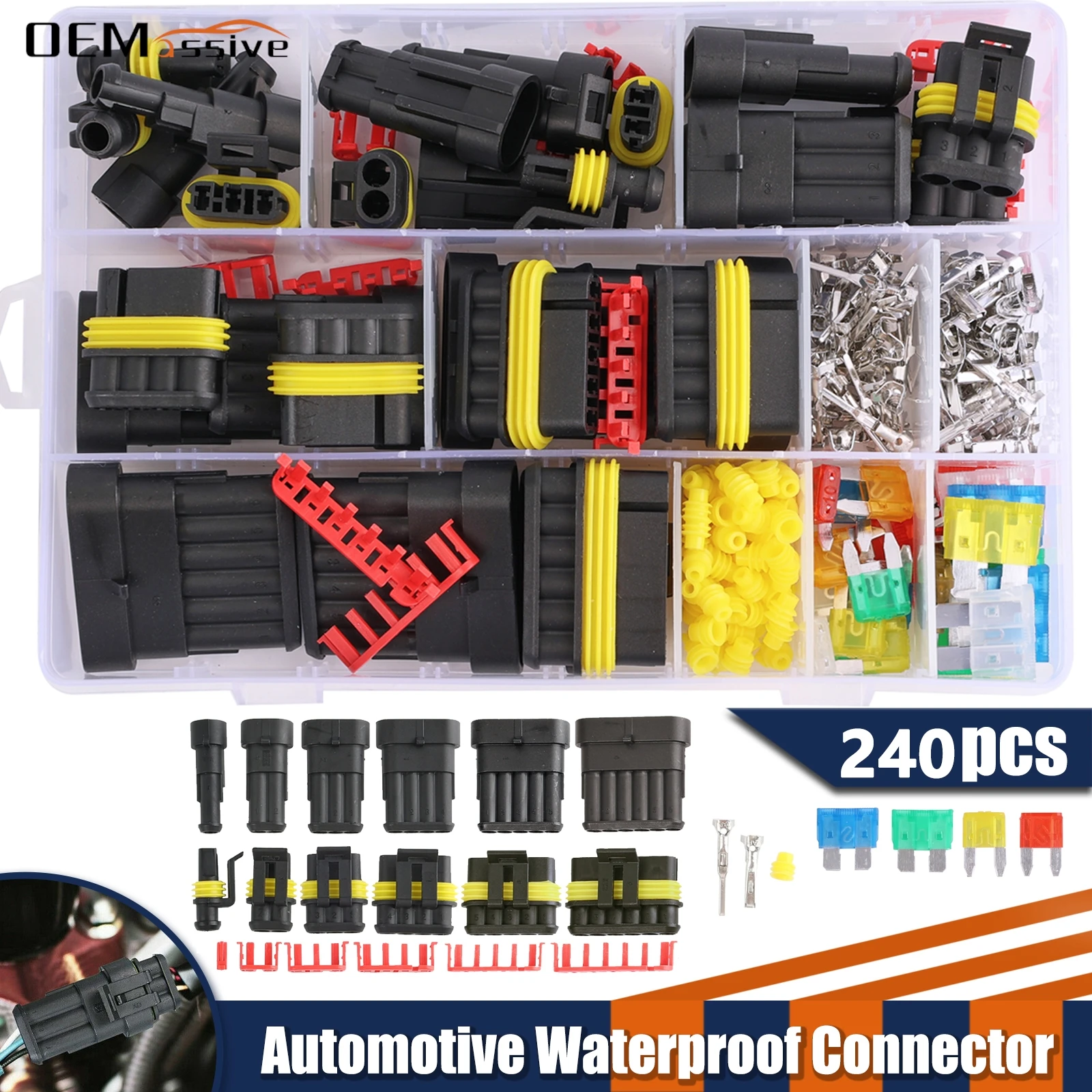 240pcs/Box HID Waterproof Connector Kit With Crimp Wire Seal Terminal and Car Fuse 1-6Pins 300V 12A Automatic Truck Plug Socket