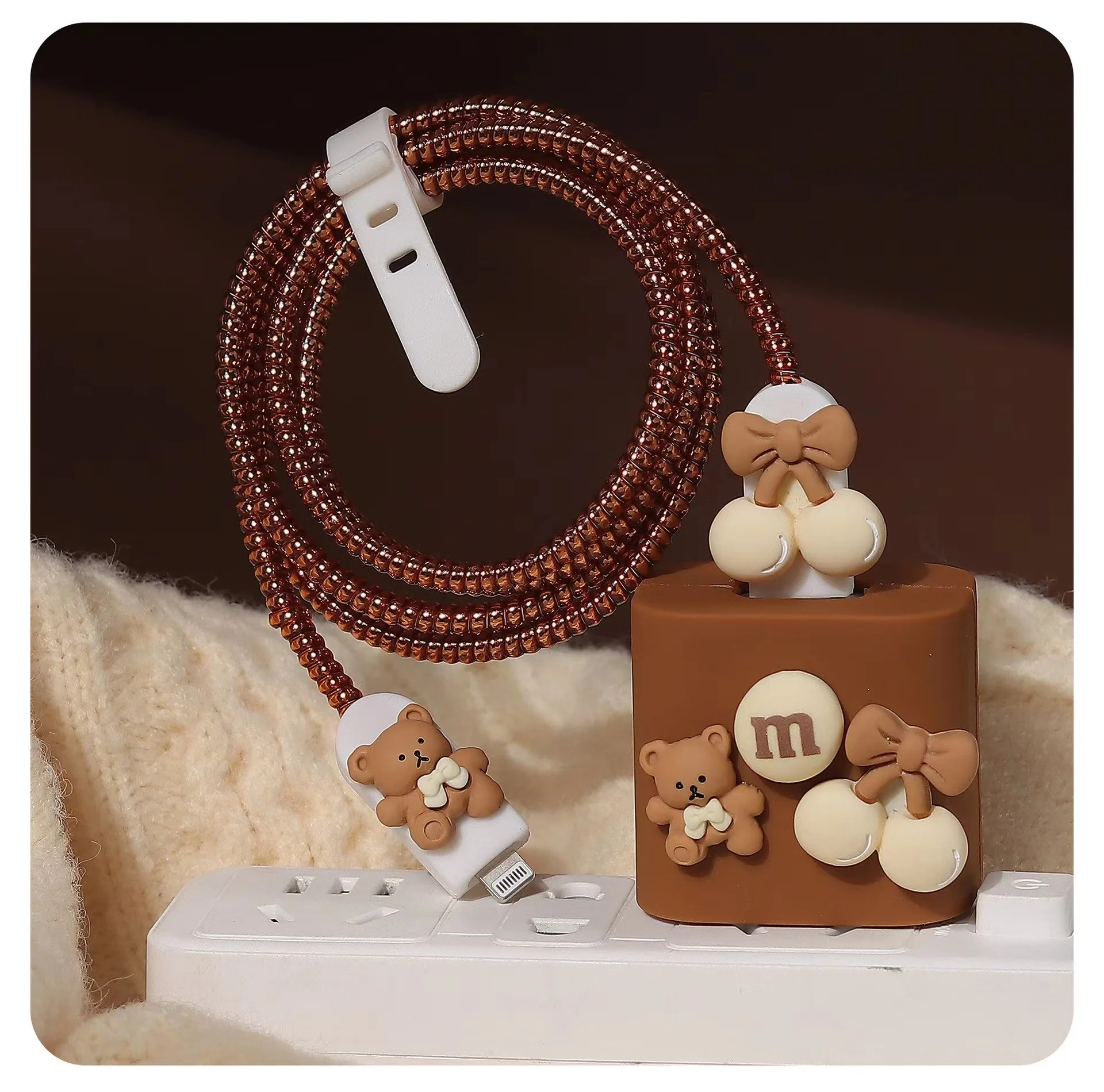 iPhone13 14Pro Max Cute Cartoon 3D Little Bear Girl IPAD PD20W Charger USB Protection Case 18W Charger Data Cable Wrapping Case