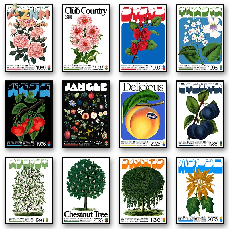 

Винтажный холст с ботаническим цветочным принтом AZNM, ретро-постер с японскими фруктовыми деревьями, красочная иллюстрация с аппетитными фруктами