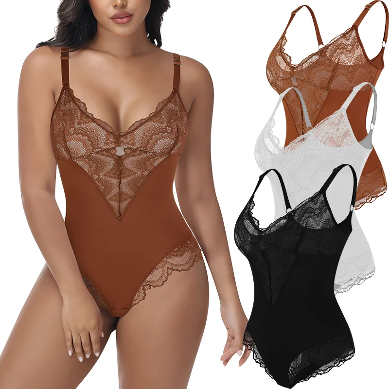 

Women's Sexy Bodysuits Lace Corset Full Body Shaper Deep V Neck Shapewear Thong Slimming Tummy Control Butt Lifter Soft Lingerie