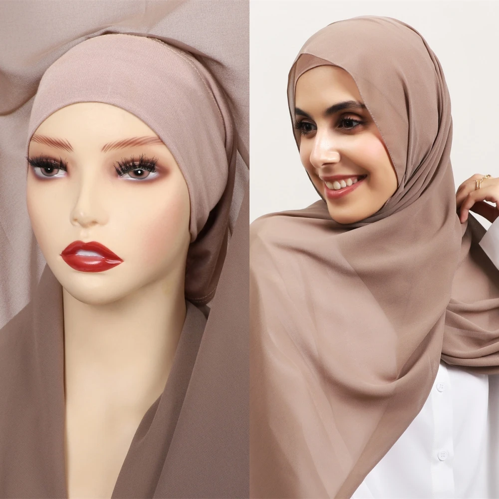 Hot Sale Premium Instant Chiffon Hijab With Bulit-in Magnets Solid Color Easy To Wear Shawl Wrap with Undercap for Muslim Women