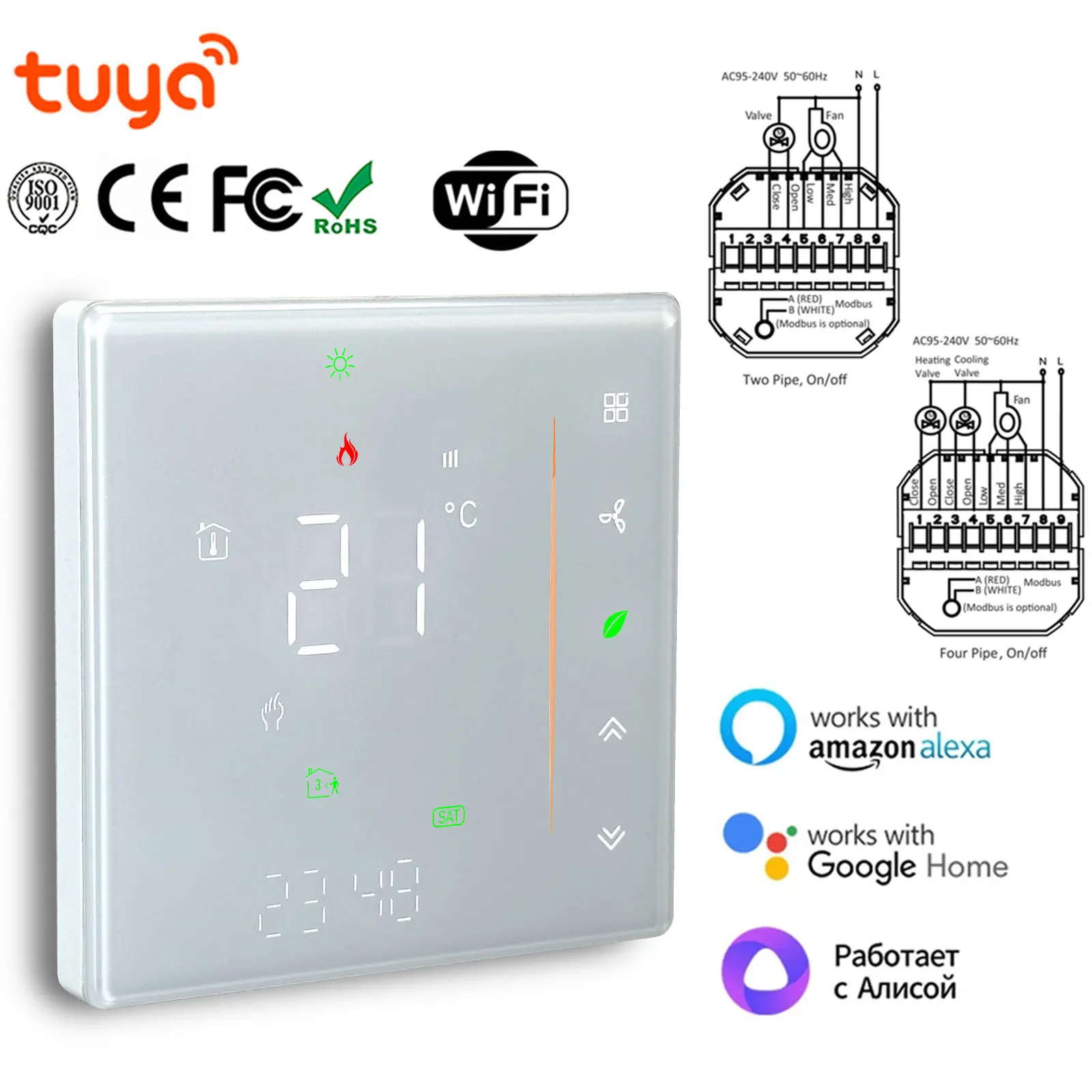 TY-006 Zigbee&Wi-Fi TUYA fan coil unit RS485 2P 4P, function adjustment modbus THERMOSTAT cooling/heating 12VAC 24VAC 95-240V