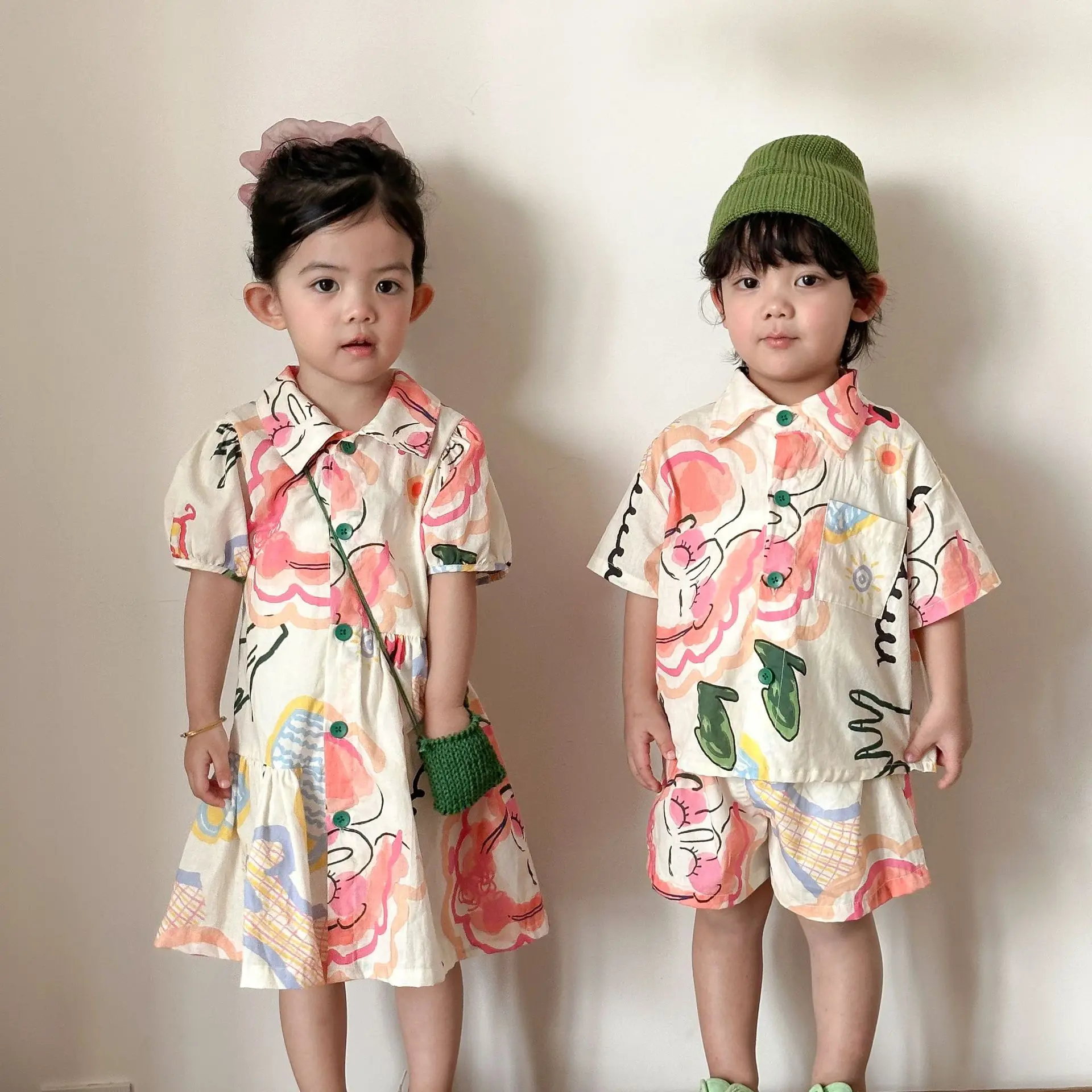 1-8 Y Summer Kids Clothes Set Cute Print Boys Tee And Shorts 2 Pcs Boys Track Suit Kids Girls Vacation Clothes