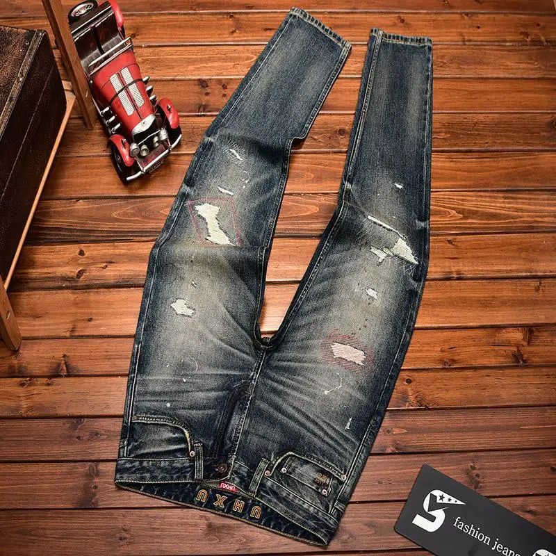 

High-End Retro Jeans for Men, Straight-Leg, Slim Fit, Trendy, Versatile, Washed, with Rips and Patches, Vintage Long Pants