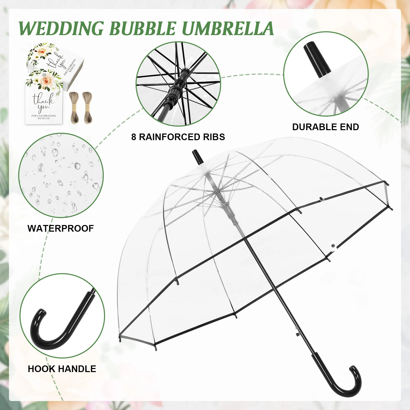 

52 Inch Large Clear Bubble Umbrellas Bulk with Classic Hook Handle Auto Open Clear Dome Umbrella with Thank You Tags and Rope