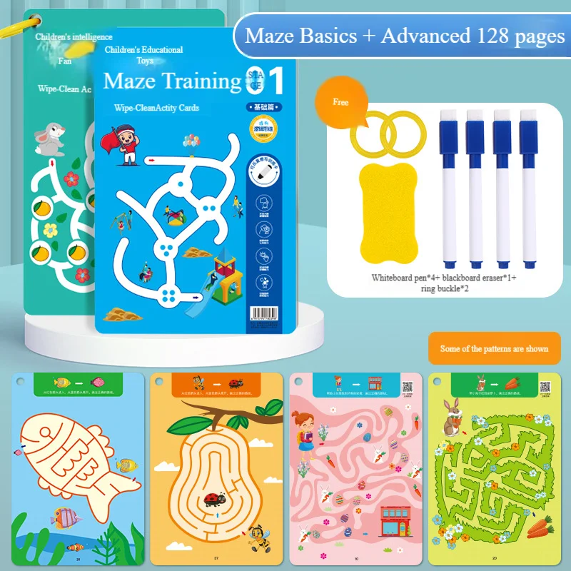 

128 pages Reusable Maze Cards for Kids 3 Beginner Level Kids Activity Busy Amazing Mazes Books with Pens Chidren Puzzles Fine