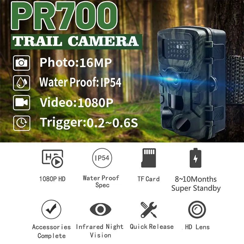 Pr700pro wildlife trail camera jacht camcorder 1080p hd video 34 ir nachtzicht leds pir sensor buiten ip54 waterdichte cam