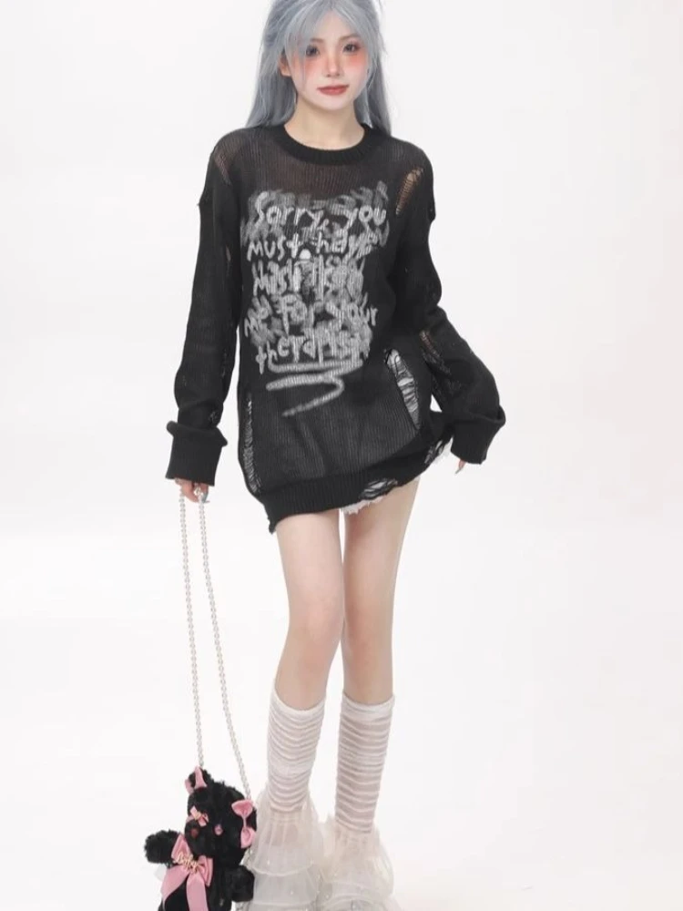 Y2k Punk Print T-shirt Grunge Esthetische Distressed Top Trashy Vintage Jaren 2000 Lange Mouw T-shirt Koreaanse Streetwear See Through Tee