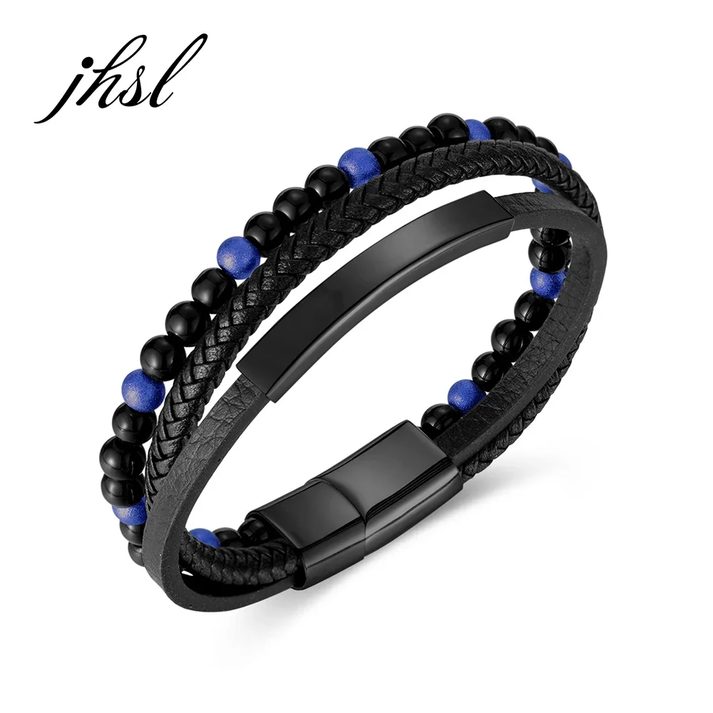 

JHSL New Men Magnet Statement Wrap Bracelets & Bangles High Quality Black Fiber Synthetic Leather and Stainless Steel Party Gift