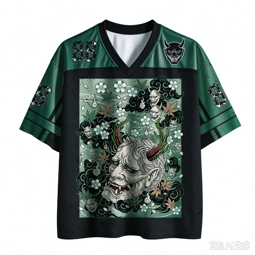 Japan-style Prajna Sakura Ukiyo-e 3D Print Sport Quick-dry Breatha Men V-neckT-Shirt Outdoor Street Casual Parent-Child Clothing