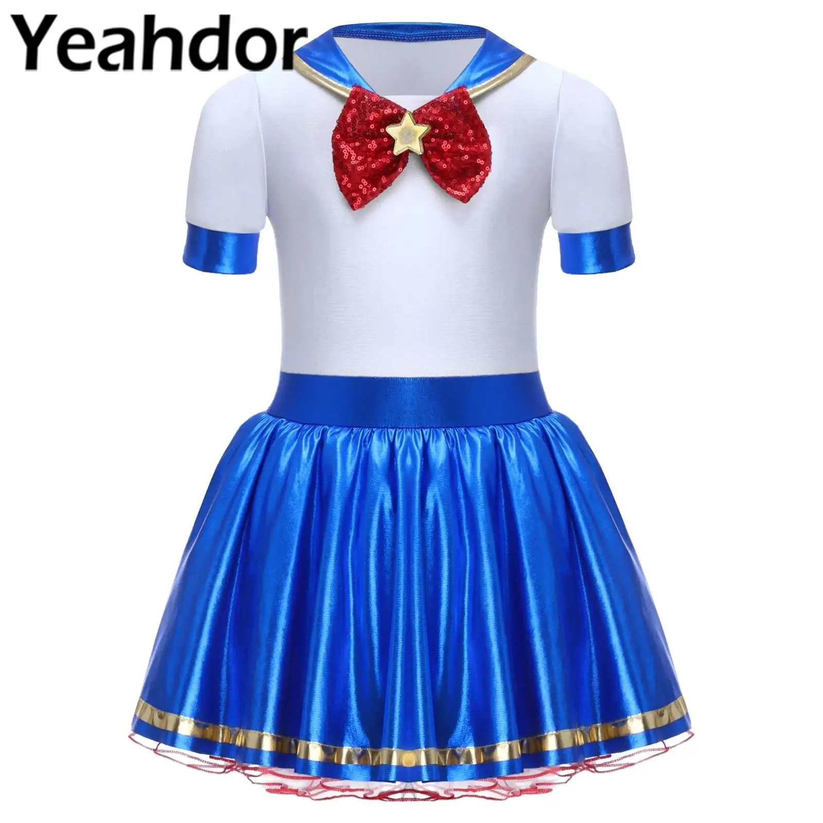 

Kids Girls Sailor Costume Halloween Cosplay Party Dress Metallic Gloss Crew Neck Short Sleeve Detachable Bow Tie Ruffled Puffy