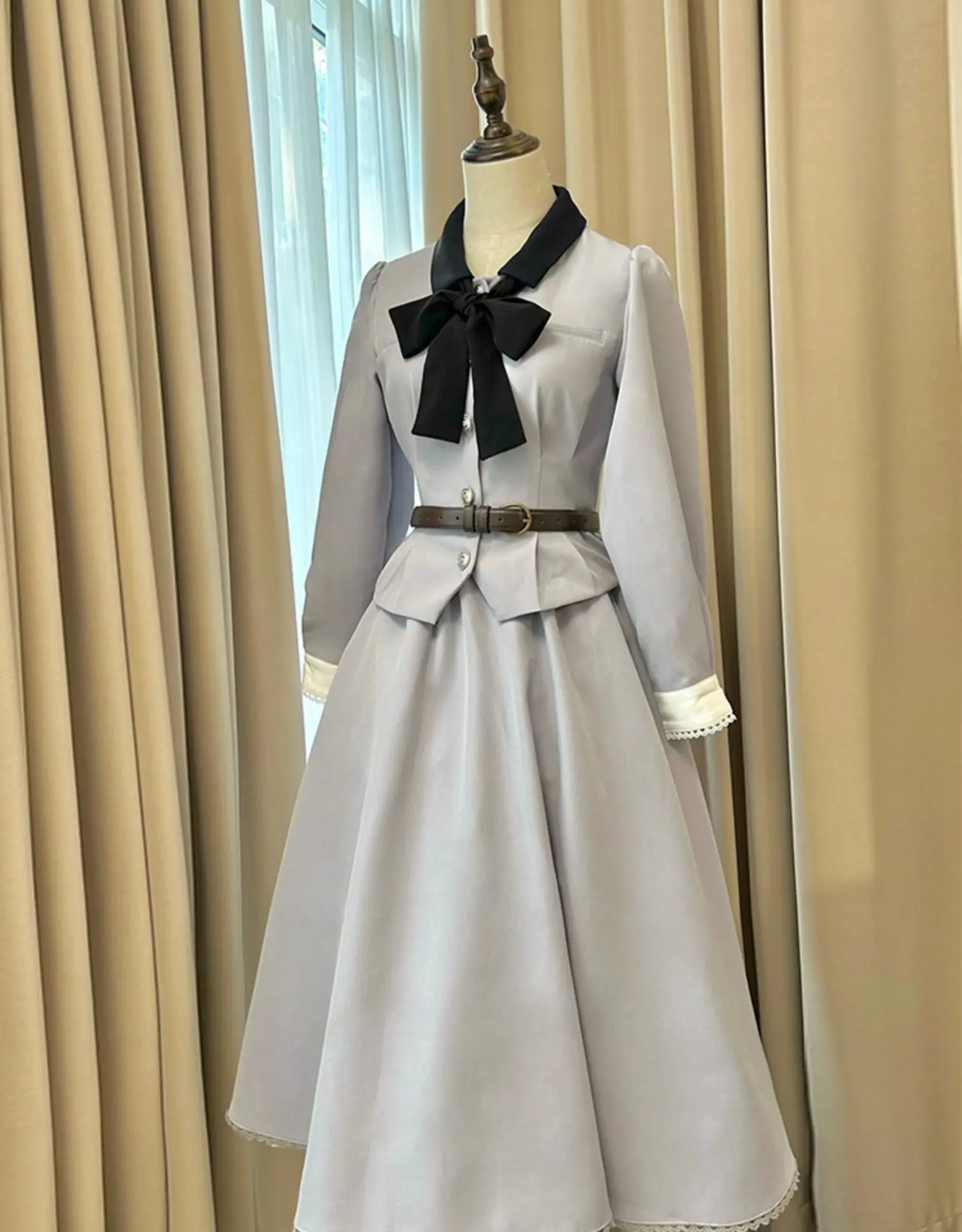 Elegant Classical Lolita Long Sleeve Bowknot Single-Breasted Jacket Tops High Waist Belt A-Line Oversize Long Skirt Sets Women