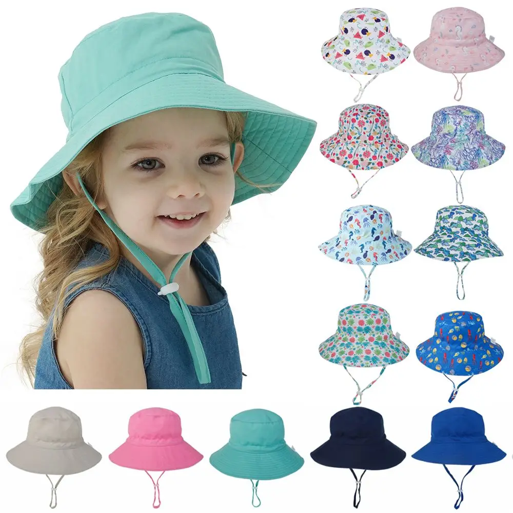 For 0-8 Years Summer Wide Brim Neck Ear Cover UV Protection Bucket Hat Beach Cap Baby Sun Hat with Adjustable Chin Strap