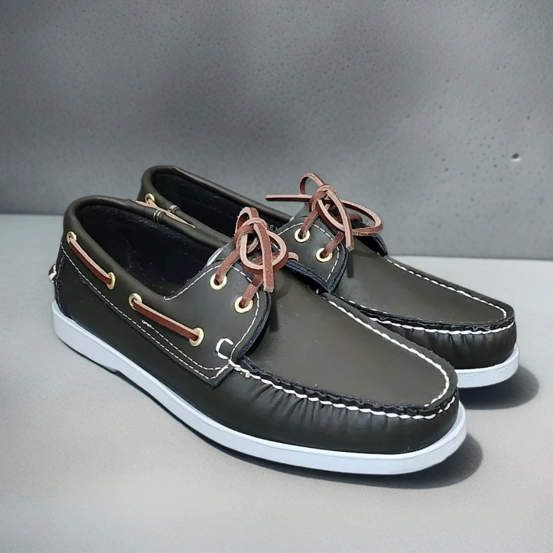 

2026 Кожаные топсайдеры премиум-класса, классические нескользящие лоферы на шнуровке, мужские мокасины, топсайдеры высокого качества
