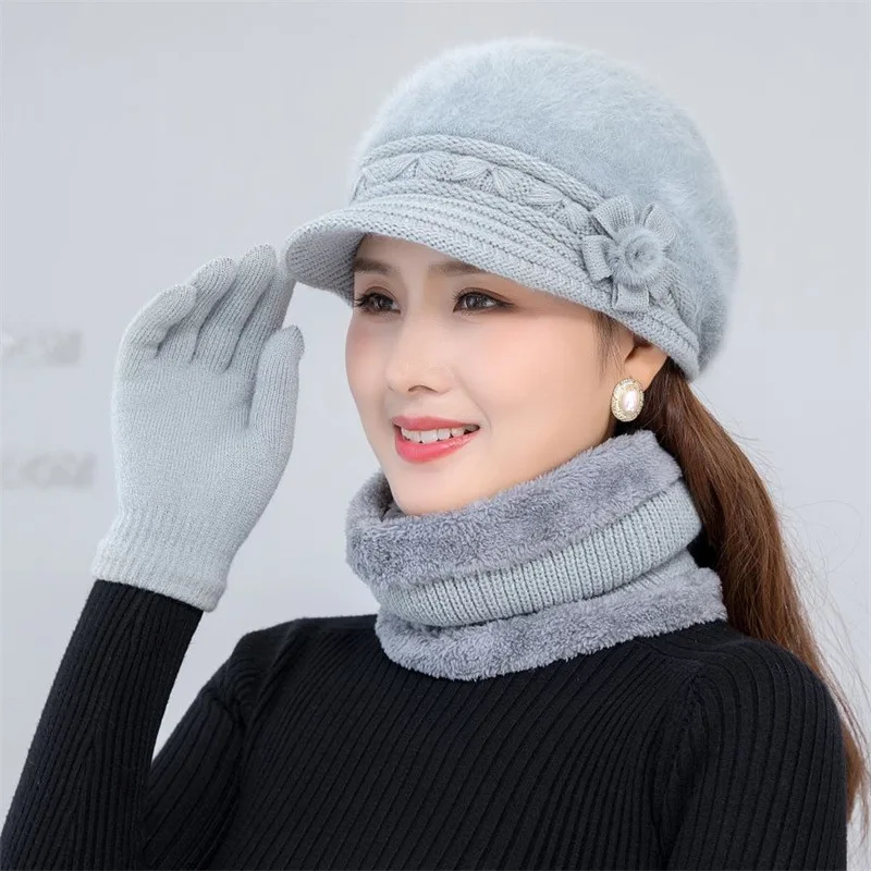 Women\'s Winter Hat Scarf Gloves 3 Pieces Set Keep Warm Knitted Thick Beanies Scarves Sets Outdoor Solid Color