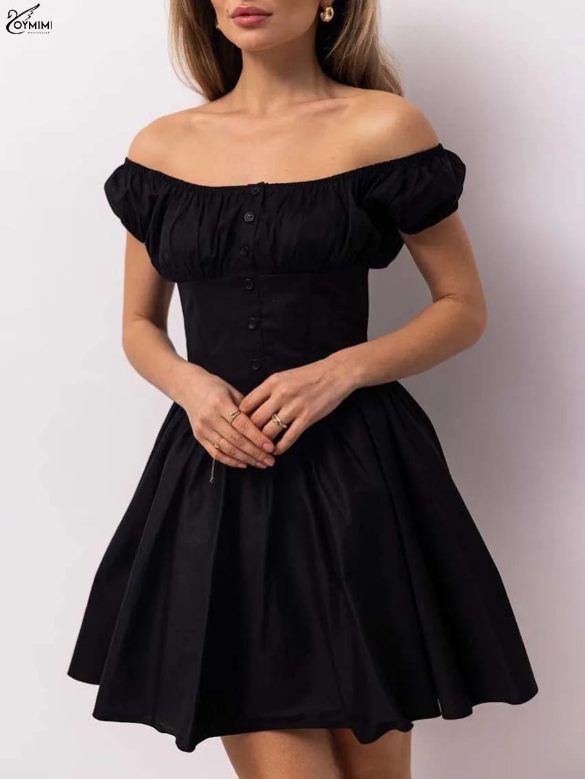 

Oymimi Casual Black Cotton Dresses 2025 Woman Fashion O-Neck Short Sleeve Single Breasted Dresses Autumn New Pleated Mini Dress