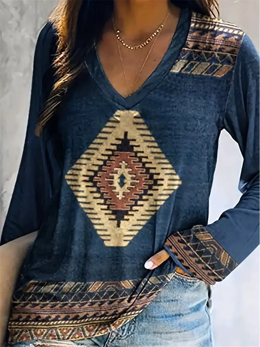 Camiseta elegante de manga larga con estampado étnico de diamantes y cuello en V para mujer, poliéster suave, perfecta para otoño e invierno, ropa informal