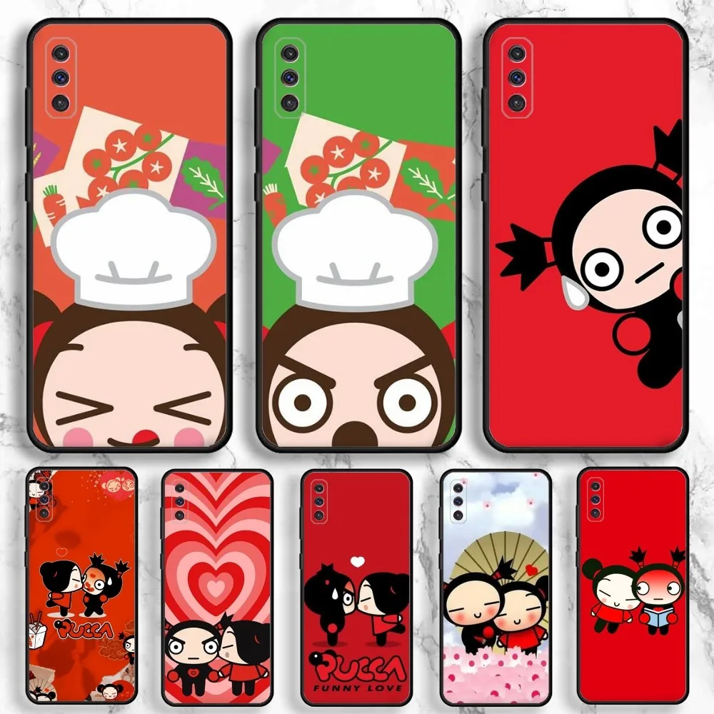 Pucca Garu Cute Phone Case For Samsung Galaxy A13,A21s,A22,A31,A32,A52,A53,A71,A80,A91 Soft Black Phone Cover