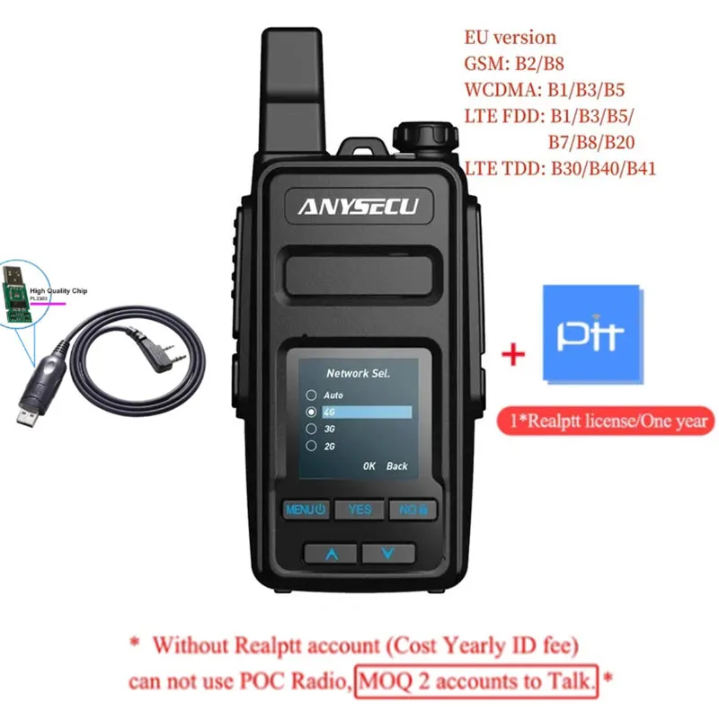 ANYSECU 4G Network Radio GT500 1.4 Inch Linux System Work with Real-ptt LTE WCDMA Walkie Talkie With Beidou GPS