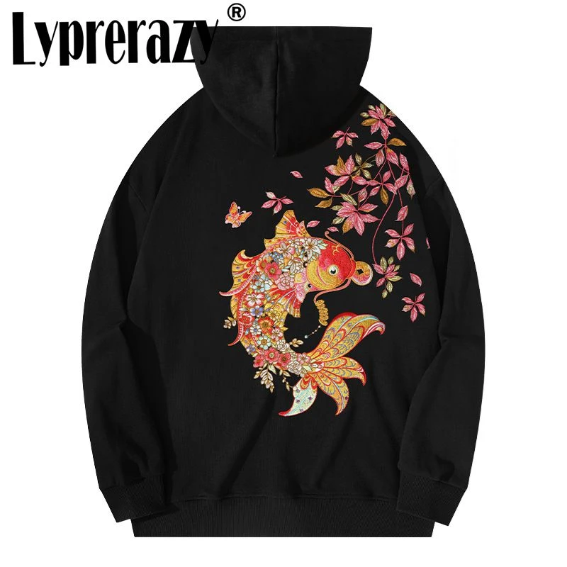 

Lyprerazy Koi Embroidered Hoodie Men's National Trend Chinese Style Long-sleeved Retro Loose Casual Top Pullover Hooded