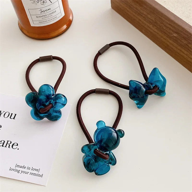 Ins Hot Sale Summer Sweet Flower Hair Tie Girls Jelly Color Cartoon Bear Bowknot Elastic Scrunchie Hair Accessories