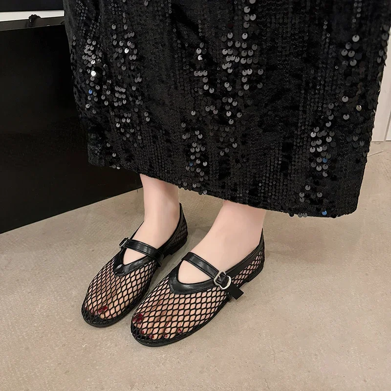 In Summer, Wear Round Toe, Straight Buckles, Casual and Comfortable, Women\'s Flats, Cut-out Mary Jane Single Shoes,fishnet Shoes