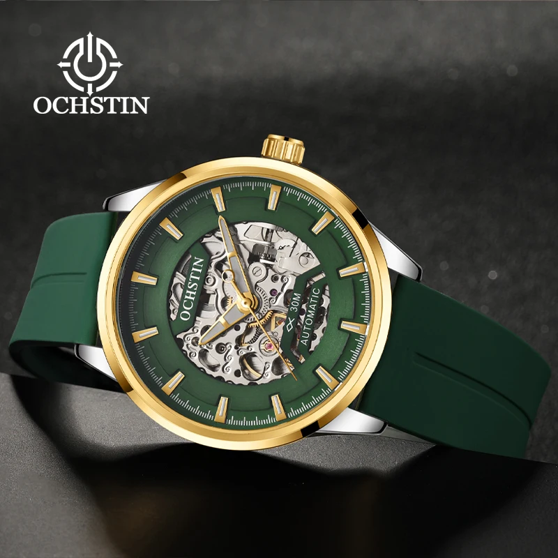 OCHSTIN Man Waterproof Classic Silicone Watch Strap Clock For Gentleman Wristwatch Men‘s Hollow Mechanical Movement Watches