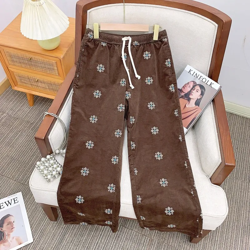 

Ultra-Thin Corduroy Mosaic Embroidery Flared Pants Slimming Effect Spring Summer Nara Girl's Casual Cotton Ladies Trousers