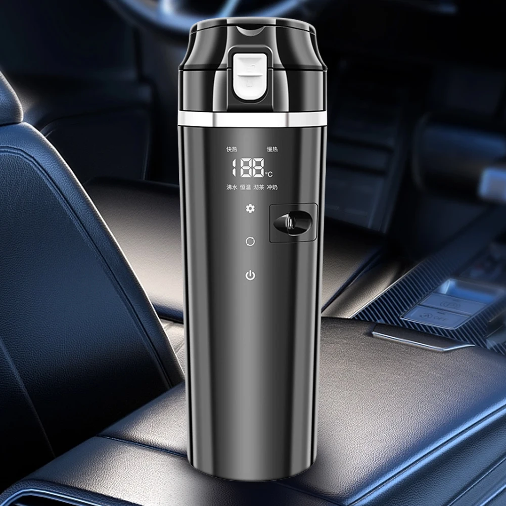 12V/24V Car Heating Cup Digital LCD Display Coffee Milk Heated Kettle Stainless Steel Portable Car Heating Cup 500ML Cup