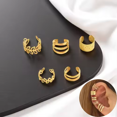 5pcs/set Trendy Elegant Design Ear Cuff Classic Elegant Style Gifts Women's No Piercing Clip silver Earrings Circle Leaf Shaped - Image 2